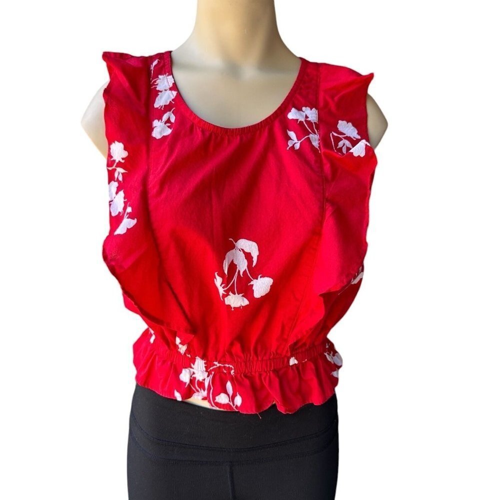 City Streets Blouse Top Women's Small Red White Floral Ruffle Detail Sleeveless